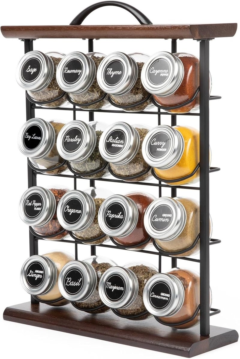 Orii 16 Jar Acacia Wood  Metal Wire Spice Rack with Spices Included Storage for Spices and Seasoning Black  Brown - Image 1