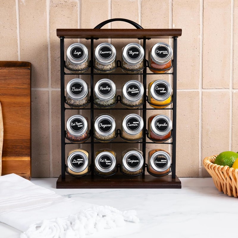 Orii 16 Jar Acacia Wood  Metal Wire Spice Rack with Spices Included Storage for Spices and Seasoning Black  Brown - Image 4