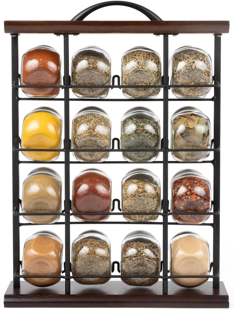Orii 16 Jar Acacia Wood  Metal Wire Spice Rack with Spices Included Storage for Spices and Seasoning Black  Brown - Image 5
