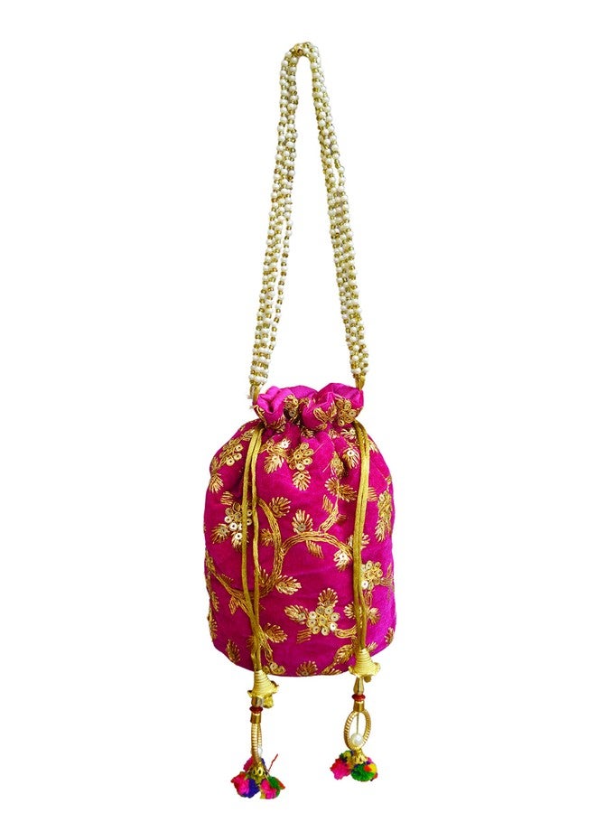 MDZ® Women's Ethnic Embroidered Potli Bag/Batwa Bag For Wedding, Party, Festival & Gifting (Velvet Base) (PINK COMBO) - Image 1