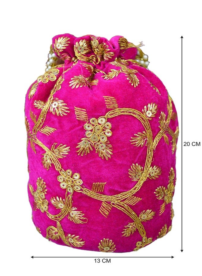 MDZ® Women's Ethnic Embroidered Potli Bag/Batwa Bag For Wedding, Party, Festival & Gifting (Velvet Base) (PINK COMBO) - Image 4