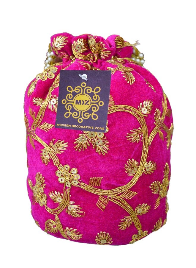 MDZ® Women's Ethnic Embroidered Potli Bag/Batwa Bag For Wedding, Party, Festival & Gifting (Velvet Base) (PINK COMBO) - Image 5