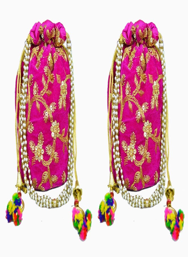MDZ® Women's Ethnic Embroidered Potli Bag/Batwa Bag For Wedding, Party, Festival & Gifting (Velvet Base) (PINK COMBO) - Image 3
