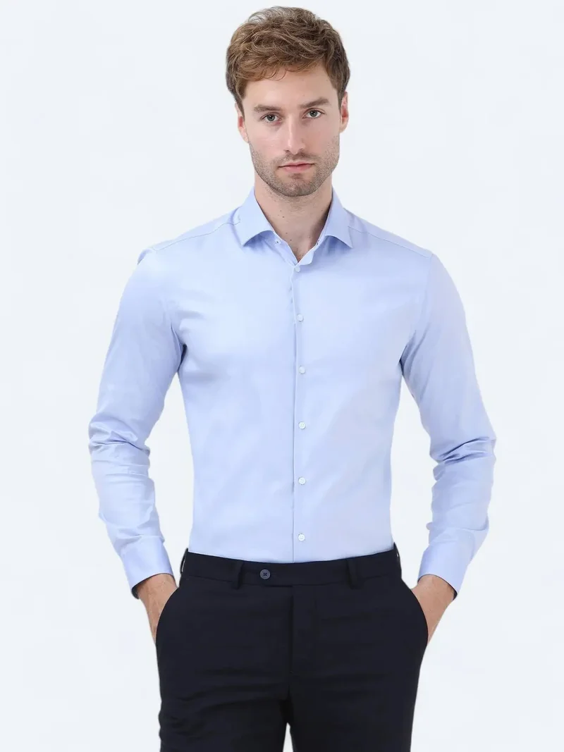 كيب قميص أزرق سادة بقصة عادية، مصنوع من القطن الكلاسيكي 100%