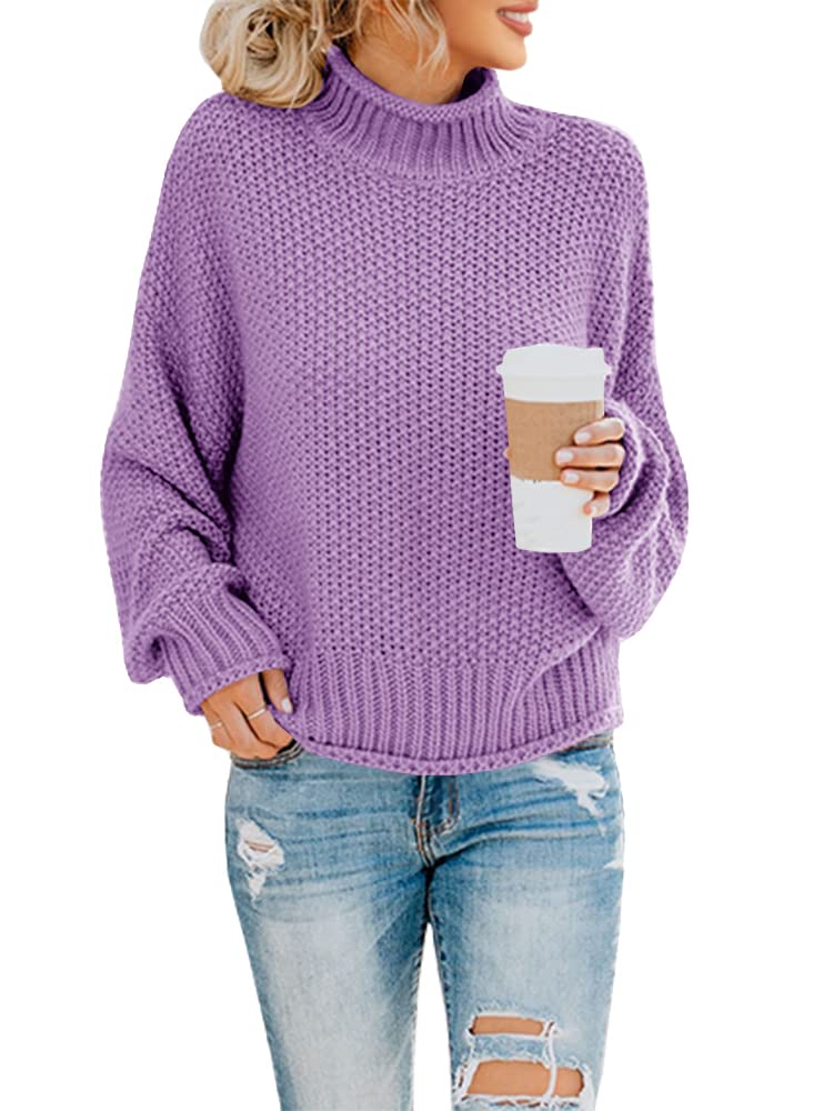 Saodimallsu Womens Turtleneck Sweater Oversized Warm Winter Sweaters Batwing Long Sleeve Cozy Chunky Knit Pullover Tops Purple - Image 1