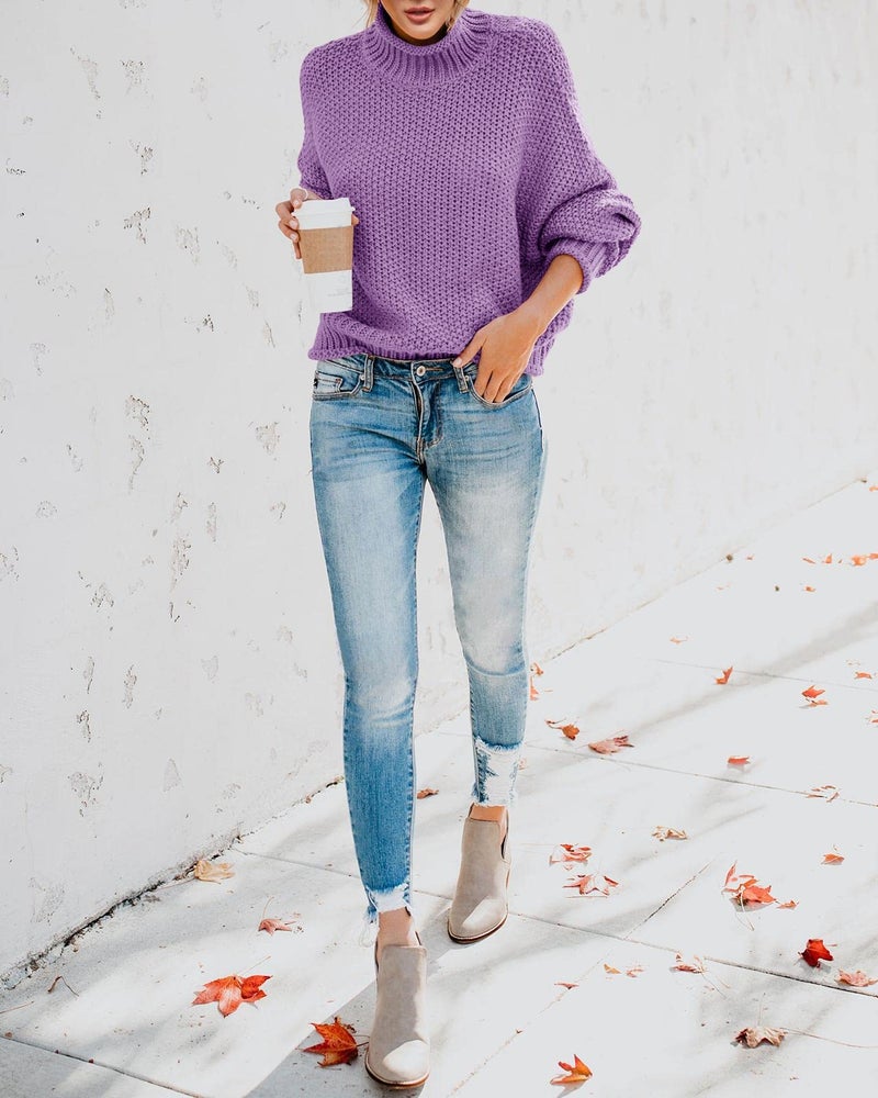 Saodimallsu Womens Turtleneck Sweater Oversized Warm Winter Sweaters Batwing Long Sleeve Cozy Chunky Knit Pullover Tops Purple - Image 5