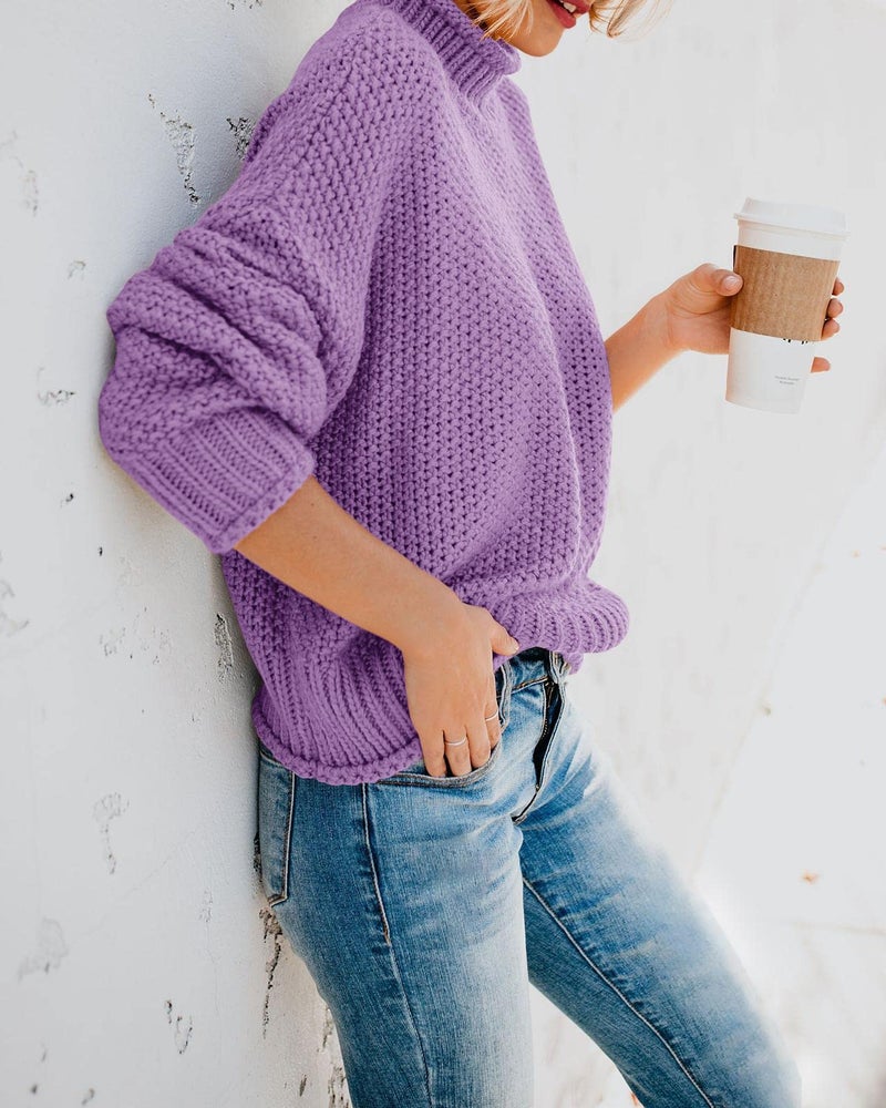 Saodimallsu Womens Turtleneck Sweater Oversized Warm Winter Sweaters Batwing Long Sleeve Cozy Chunky Knit Pullover Tops Purple - Image 3