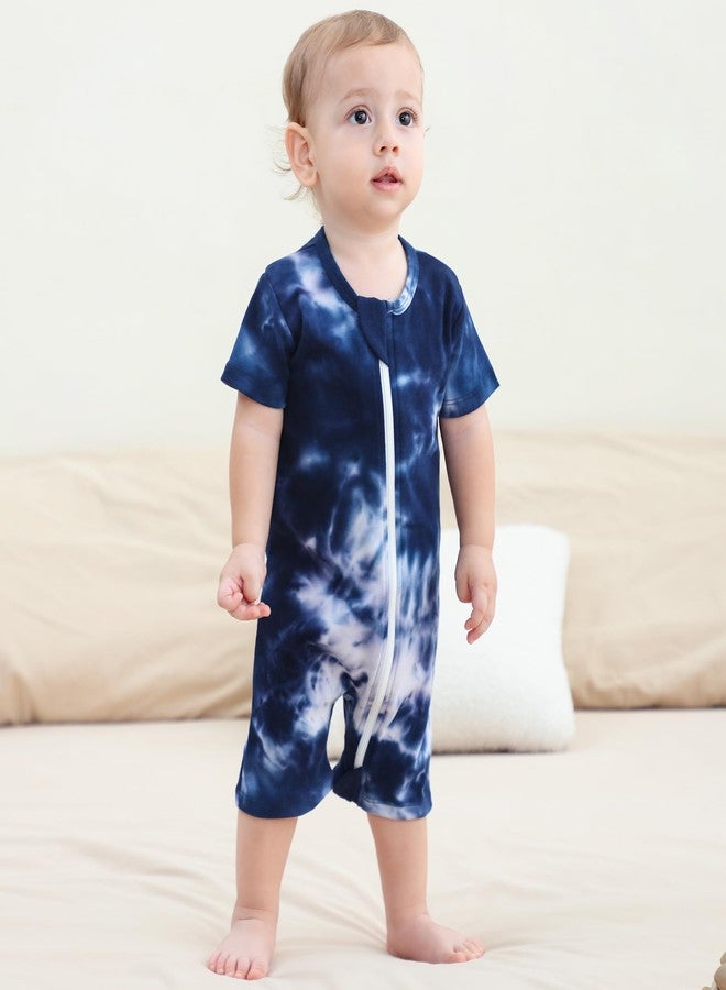 Owlivia Baby Short-Sleeve Summer Romper Set, 2-Pack Tank Romper Jumpsuit for Girls and Boys, Cartoon One-Piece Coverall Outfit(6-12 Months, Blue Dinosaur & Tie Dye Dark Navy) - Image 2
