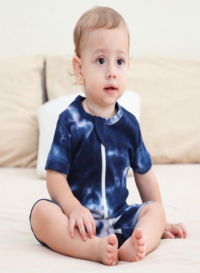 Owlivia Baby Short-Sleeve Summer Romper Set, 2-Pack Tank Romper Jumpsuit for Girls and Boys, Cartoon One-Piece Coverall Outfit(6-12 Months, Blue Dinosaur & Tie Dye Dark Navy) - Image 3