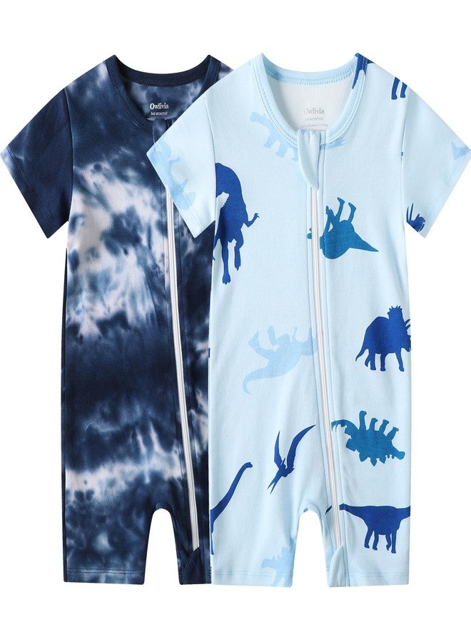 Owlivia Baby Short-Sleeve Summer Romper Set, 2-Pack Tank Romper Jumpsuit for Girls and Boys, Cartoon One-Piece Coverall Outfit(6-12 Months, Blue Dinosaur & Tie Dye Dark Navy) - Image 1