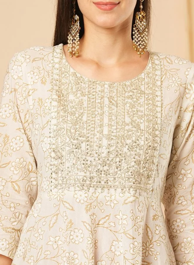 globus Globus Women White Sequinned Embroidered Yoke Allover Floral Print Panelled Anarkali Kurta With Narrow Pants Festive Set by Styli