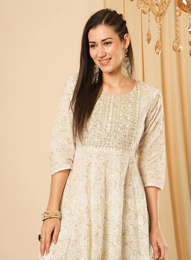 globus Globus Women White Sequinned Embroidered Yoke Allover Floral Print Panelled Anarkali Kurta With Narrow Pants Festive Set by Styli