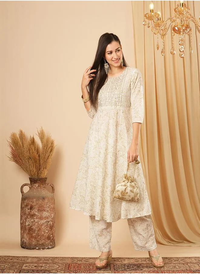 globus Globus Women White Sequinned Embroidered Yoke Allover Floral Print Panelled Anarkali Kurta With Narrow Pants Festive Set by Styli