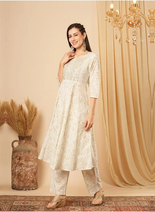 globus Globus Women White Sequinned Embroidered Yoke Allover Floral Print Panelled Anarkali Kurta With Narrow Pants Festive Set by Styli