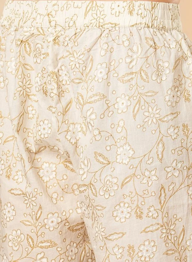 globus Globus Women White Sequinned Embroidered Yoke Allover Floral Print Panelled Anarkali Kurta With Narrow Pants Festive Set by Styli
