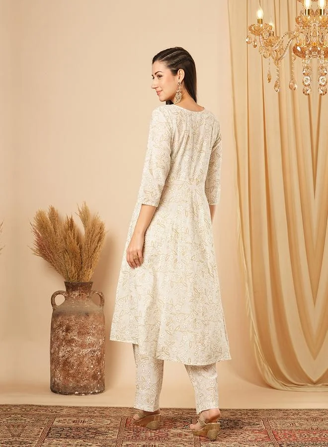 globus Globus Women White Sequinned Embroidered Yoke Allover Floral Print Panelled Anarkali Kurta With Narrow Pants Festive Set by Styli