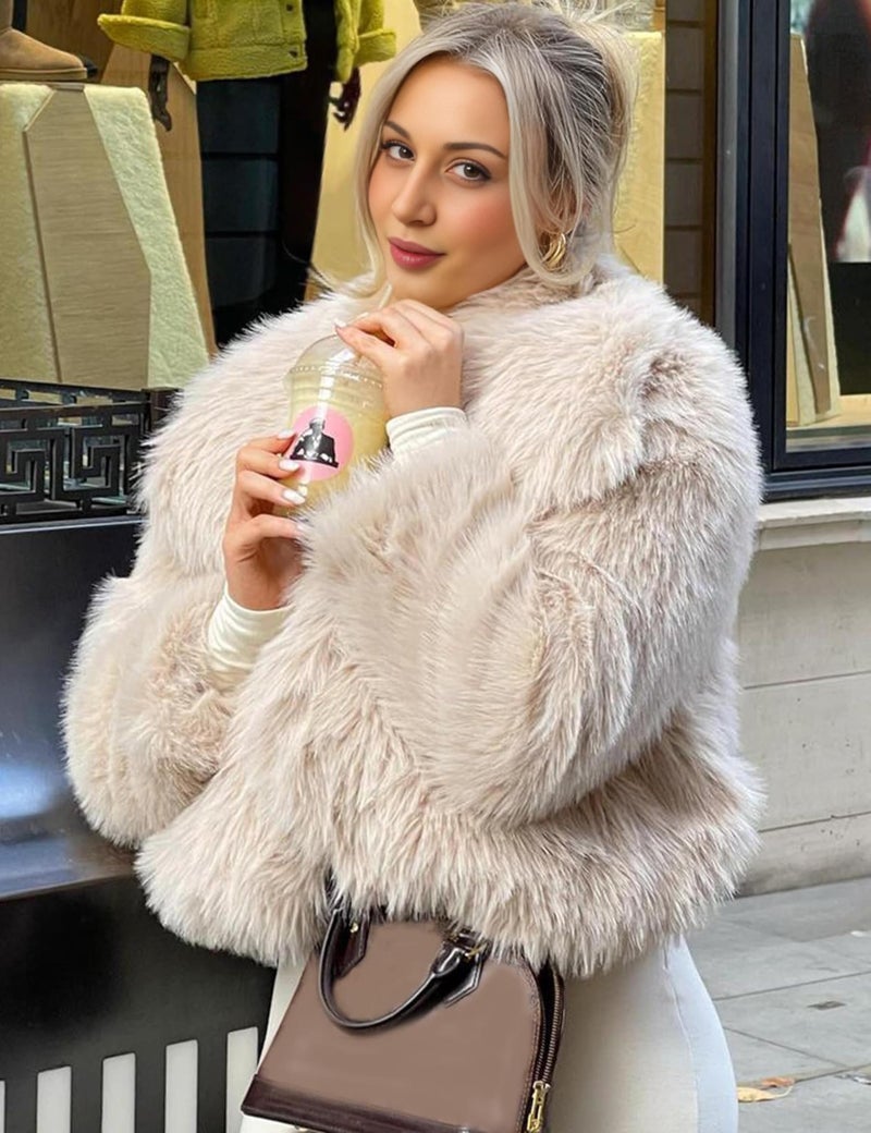 FSVABY Womens Cropped Fluffy Faux Fur Coat Open Front Long Sleeve Furry Jacket with Pockets (Apricot, Small) - Image 3