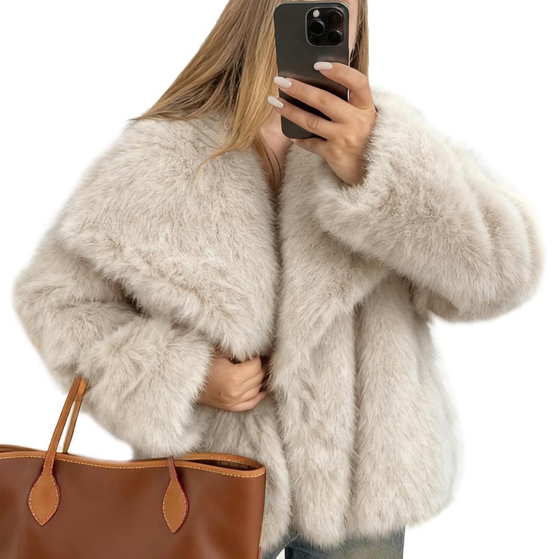 FSVABY Womens Cropped Fluffy Faux Fur Coat Open Front Long Sleeve Furry Jacket with Pockets (Apricot, Small) - Image 1
