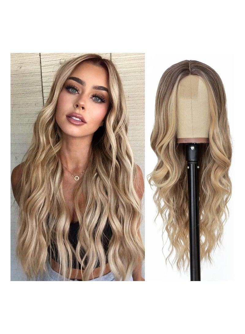 إستيل شعر مستعار طويل متموج أشقر متدرج للنساء 26 بوصة الجزء الأوسط شعر مستعار مموج ومجعد ذو مظهر طبيعي من الألياف الاصطناعية المقاومة للحرارة للاستخدام اليومي للحفلات (أشقر متدرج) - Image 1