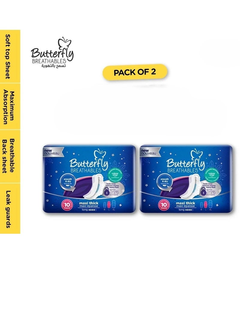 BUTTERFLY Butterfly Breathables Maxi Thick Dry Sanitary Pads Long - Count 10, Pack of 2  - Image 1