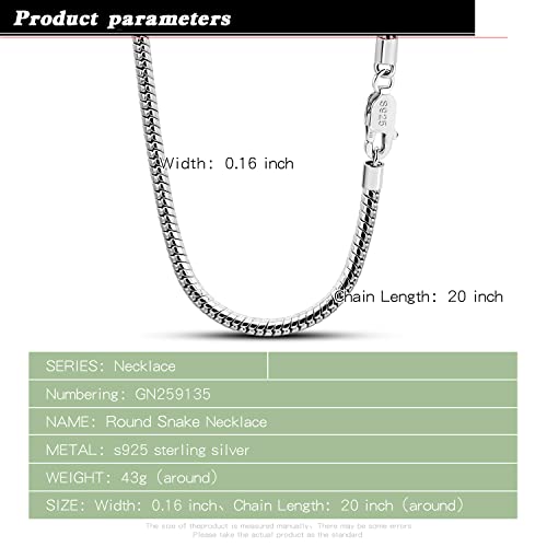 Dankadi Italy 925 Sterling Silver Snake Chain Necklace Men & Women 3MM-4MM Rolo Link Round Chain Chokers 16 "18 "20" 22 "24" 26 "28" 30" Unisex Fine Jewelry Gift (4MM, 30 inches) - Image 3