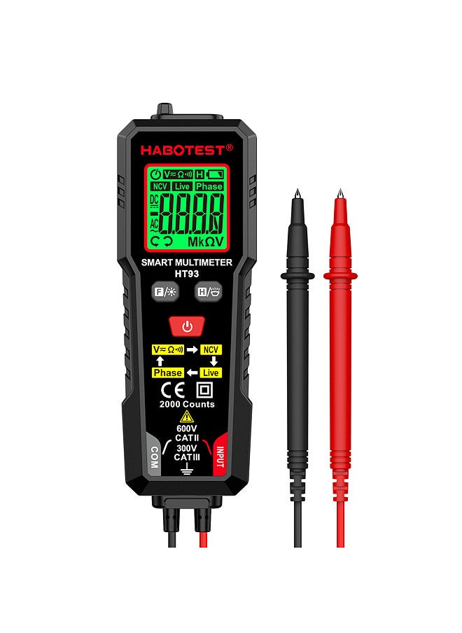 HT93 Digital Multimeter Voltage Tester 2000 Counts Volt Meter Ohmmeter Auto-Ranging Accurately Measures AC/DC Voltage Resistance with NCV Live Wire Test