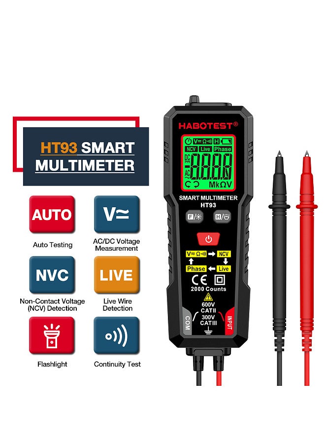 HT93 Digital Multimeter Voltage Tester 2000 Counts Volt Meter Ohmmeter Auto-Ranging Accurately Measures AC/DC Voltage Resistance with NCV Live Wire Test