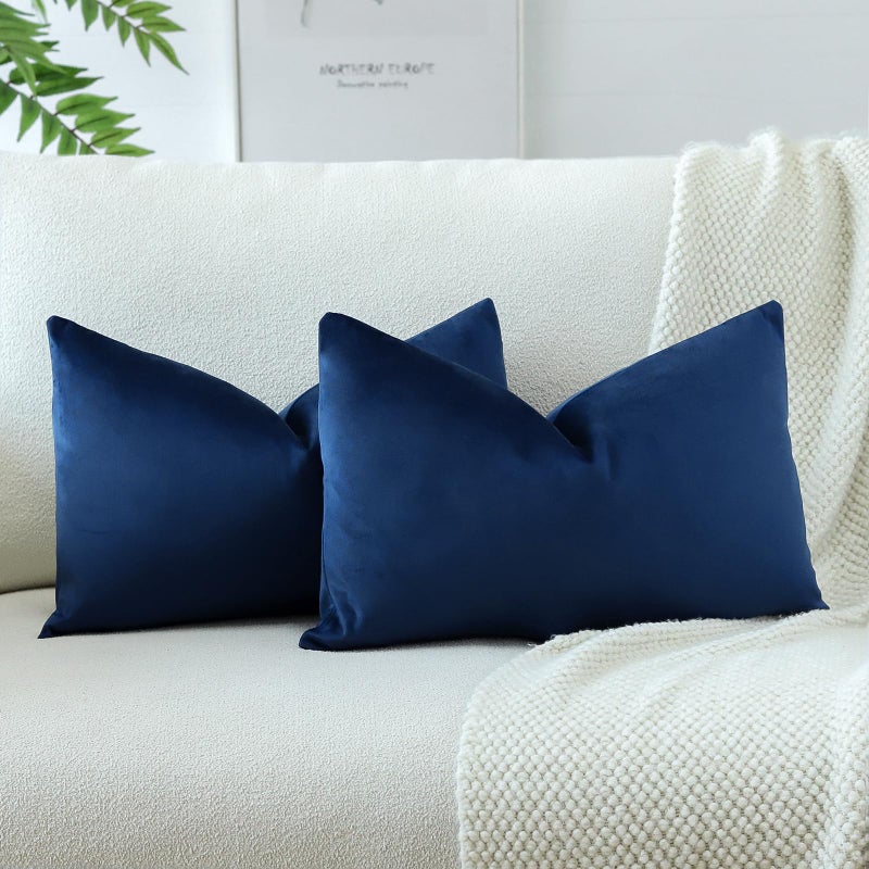 JOTOM Set of 2 Velvet Soft Solid Cushion Covers 30x50 cm Decorative Throw Pillow Covers Soft Lumbar Cushion Case Couch Home Decor Throw Pillow Cases for Sofa Bedroom 12x20 Inch Dark Blue