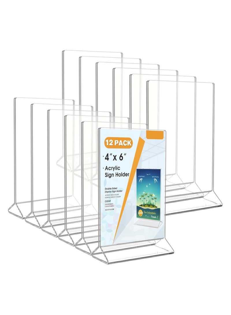 Slasa SLASA 12 Pack Acrylic Sign Holder 4x6 Inches – Clear T Shape Double-Sided Display Stand, Plastic Table Menu Card Holder, Picture Frame for Office, Home, Store, Restaurant - Image 1