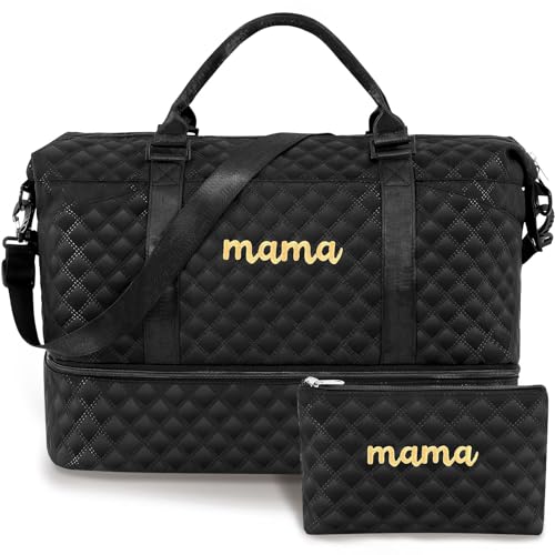 Dansydaisy Mama Hospital Bag for Women Labor Delivery Travel Duffle Bag with Shoe Compartment and Toiletry Pouch Waterproof Letter Embroidered for Pregnancy Weekender Overnight Gym Gift Black - Image 1