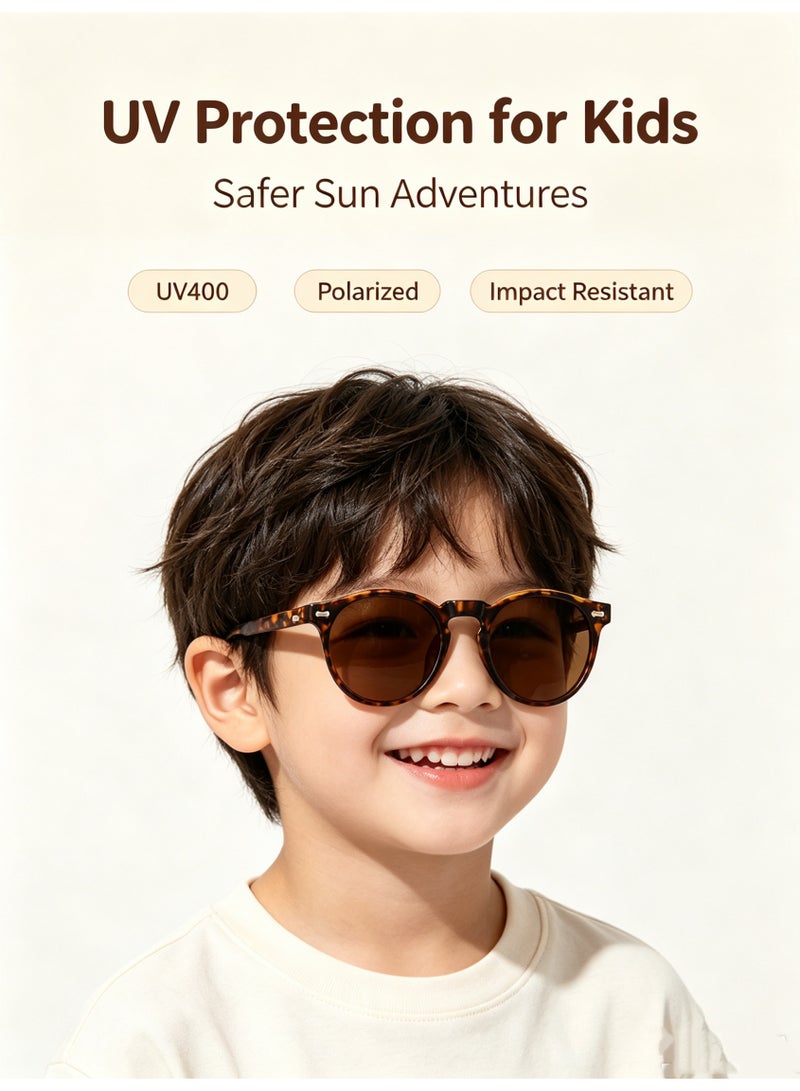 Dubery Kids Vintage Tortoise Round Polarized Sunglasses, Bendable Flexible TR90 Frame Rivet Detail UV400 Protection Boys Girls Brown Lens Outdoor Beach Driving Sun Glasses - Image 5