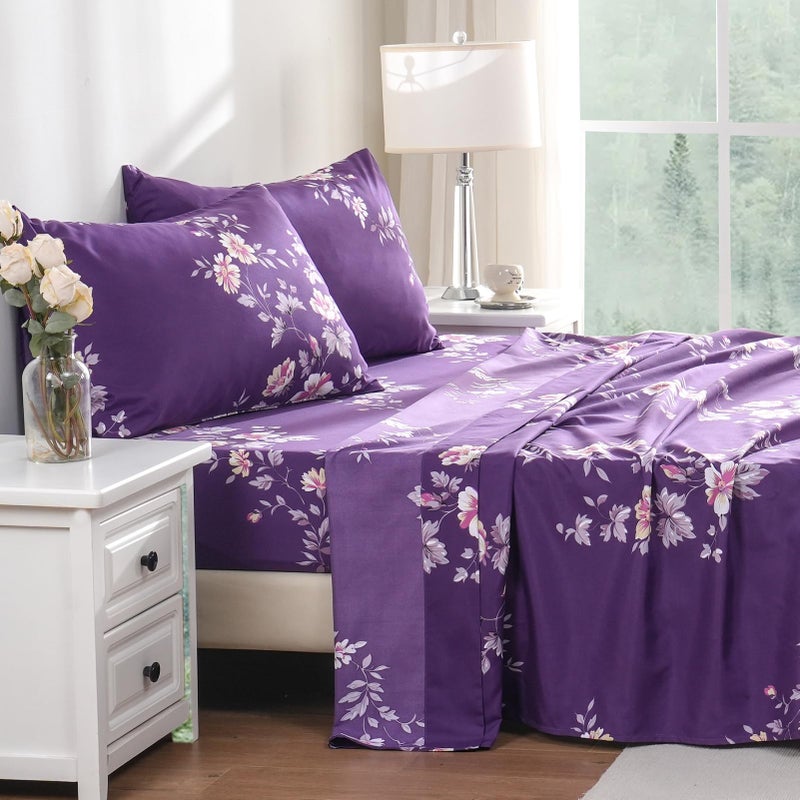 Bedlifes King Sheet Set Ultra Soft, Breathable, Silky Flower Deep Pocket 100% Microfiber Bedding, 4 Piece King Size Dark Purple Floral - Image 4