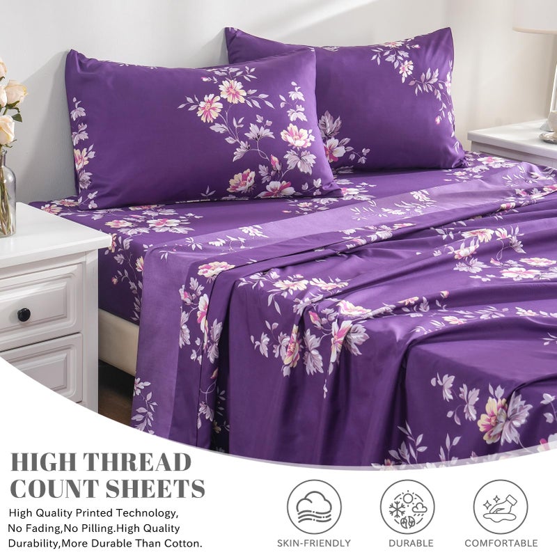 Bedlifes King Sheet Set Ultra Soft, Breathable, Silky Flower Deep Pocket 100% Microfiber Bedding, 4 Piece King Size Dark Purple Floral - Image 3