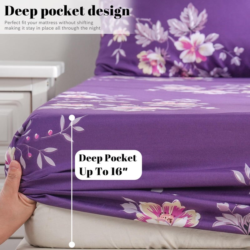 Bedlifes King Sheet Set Ultra Soft, Breathable, Silky Flower Deep Pocket 100% Microfiber Bedding, 4 Piece King Size Dark Purple Floral - Image 5
