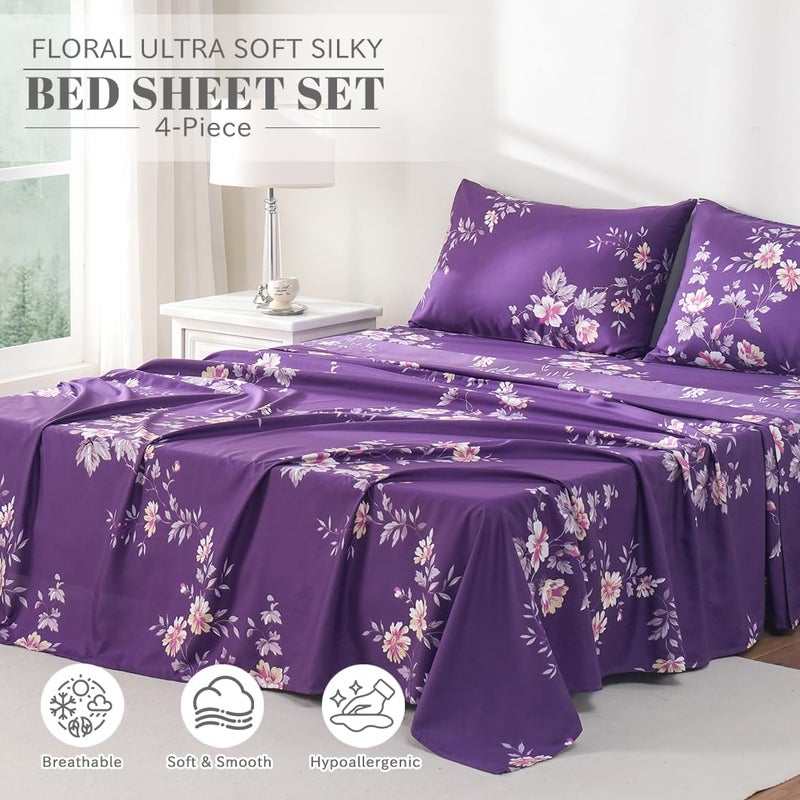 Bedlifes King Sheet Set Ultra Soft, Breathable, Silky Flower Deep Pocket 100% Microfiber Bedding, 4 Piece King Size Dark Purple Floral - Image 2
