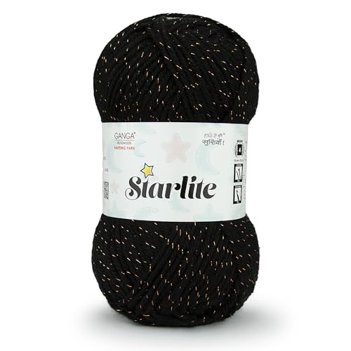 Ganga Acrowools Acrylic Starlite, 99% Anti Pill Yarn 1% Metal, Hand Knitting Yarn Oekotex Class1 Certified (Stl011 - Jet Black), 100 Gram - Image 1