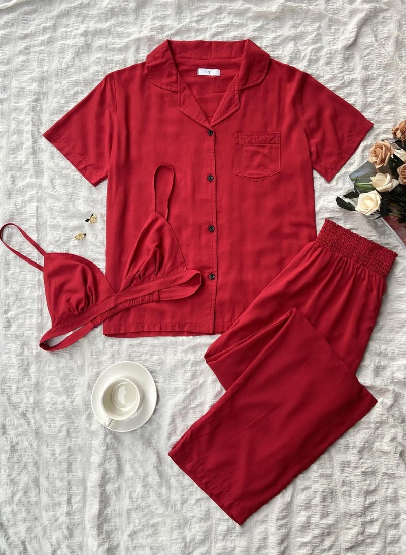 Loquat Women's Elegent Solid Color 3-Piece Set Nightgown Short Sleeve Top And Bra and Pants  Soft Loungewear Pajamas Suit Red  - Image 1