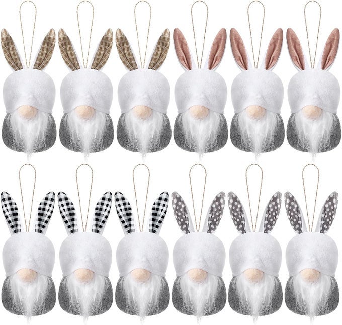 12 PIECES EASTER GNOMES BUNNY ORNAMENTS FOR TREE FARMHOUSE EASTER DECOR SPRING GNOMES HANGING GARLANDS VASE FILLER FABRIC BUNNIES FOR RUSTIC BASKET TIERED TRAY DECOR