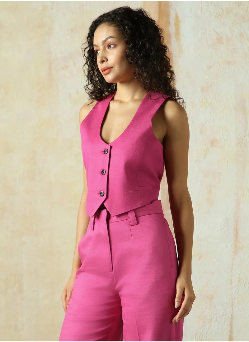 HIGH STAR Women's Magenta Cotton Blend Solid Regular Fit Waistcoat