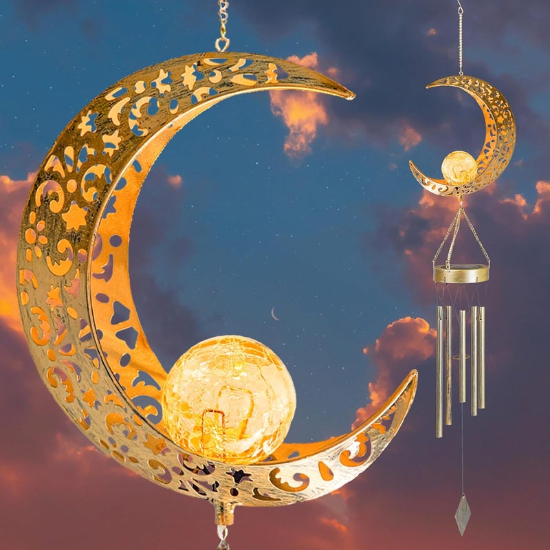 ياكي أجراس الرياح الشمسية على شكل قمر من YAKii للإضاءة الخارجية، هدايا للأم والزوجة، زجاج متشقق فريد مع ضوء LED دافئ، ديكور معلق خارجي للحديقة والفناء والشرفة، هدية عيد الميلاد وعيد الأم. - Image 1