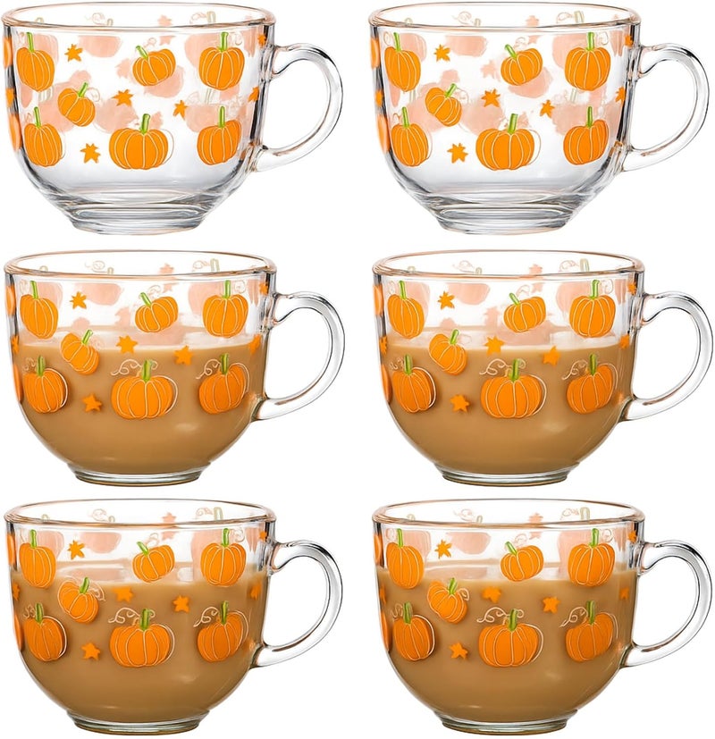 Sliner 6 Pcs Thanksgiving Pumpkin Glass Coffee Mugs with Handle, 16 oz Fall Clear Irish Coffee Mugs Autumn Maple Leaf Holiday Cups Footed Irish Glasses for Beverages Latte Hot Chocolate(Pumpkin) - Image 1