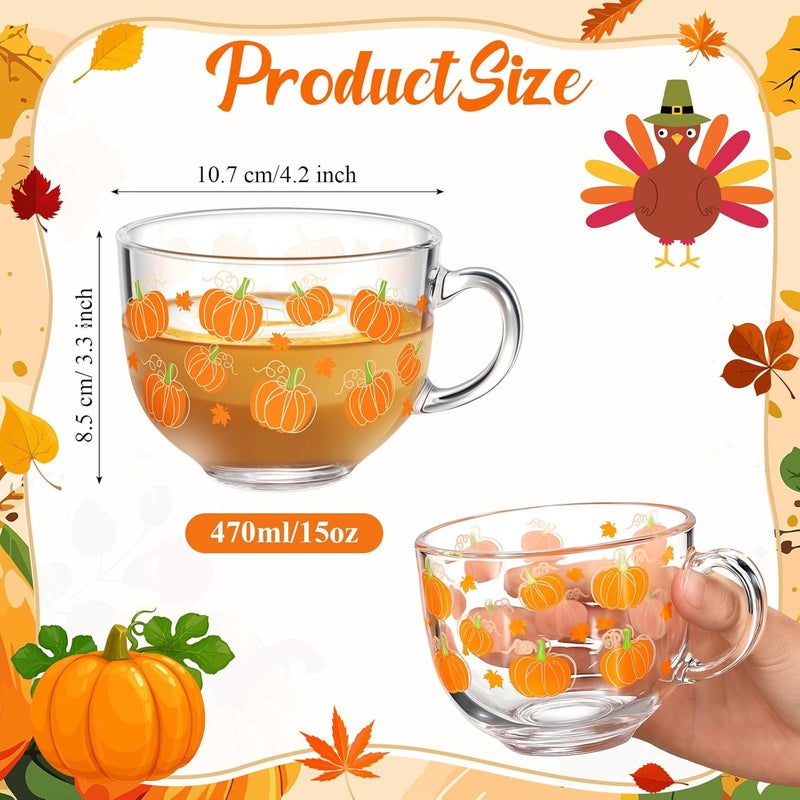 Sliner 6 Pcs Thanksgiving Pumpkin Glass Coffee Mugs with Handle, 16 oz Fall Clear Irish Coffee Mugs Autumn Maple Leaf Holiday Cups Footed Irish Glasses for Beverages Latte Hot Chocolate(Pumpkin) - Image 2