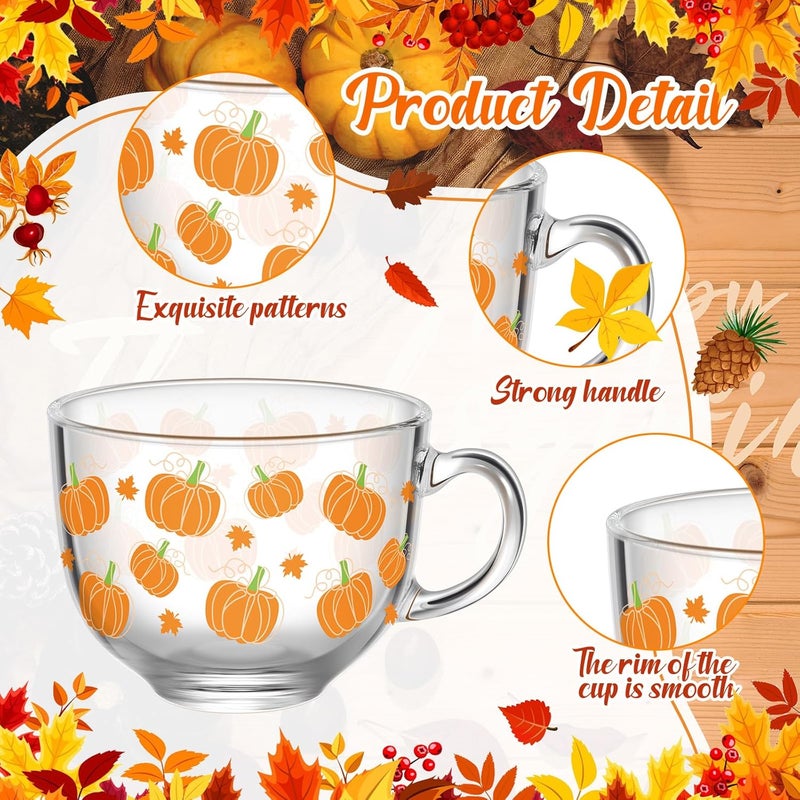 Sliner 6 Pcs Thanksgiving Pumpkin Glass Coffee Mugs with Handle, 16 oz Fall Clear Irish Coffee Mugs Autumn Maple Leaf Holiday Cups Footed Irish Glasses for Beverages Latte Hot Chocolate(Pumpkin) - Image 3