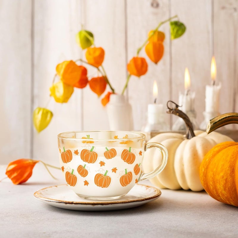 Sliner 6 Pcs Thanksgiving Pumpkin Glass Coffee Mugs with Handle, 16 oz Fall Clear Irish Coffee Mugs Autumn Maple Leaf Holiday Cups Footed Irish Glasses for Beverages Latte Hot Chocolate(Pumpkin) - Image 5
