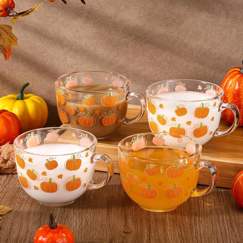 Sliner 6 Pcs Thanksgiving Pumpkin Glass Coffee Mugs with Handle, 16 oz Fall Clear Irish Coffee Mugs Autumn Maple Leaf Holiday Cups Footed Irish Glasses for Beverages Latte Hot Chocolate(Pumpkin) - Image 4