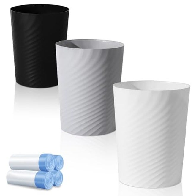 UUJOLY Small Bathroom Trash Can with Bags, 3 Pack, White, 1.8 Gallon, Plastic Wastebasket for Office, Laundry Room, Kitchen, Bedroom