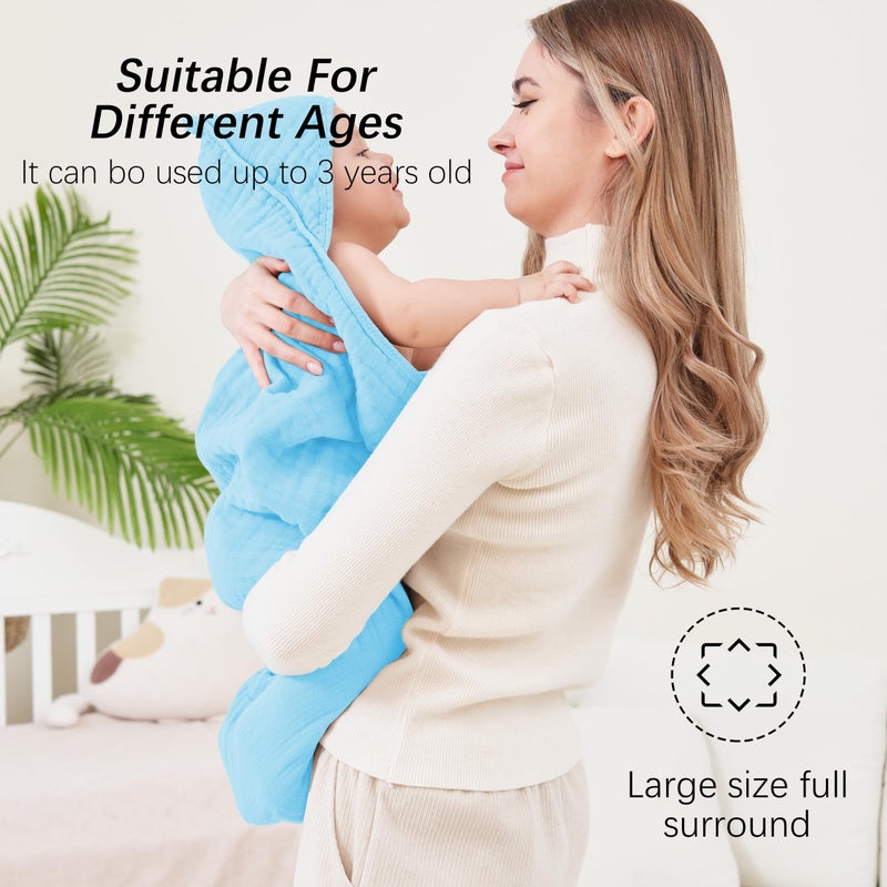 SWEET DOLPHIN منشفة استحمام للأطفال بغطاء رأس من موسلين دلفين حلو - عبوة من 2 منشفة قطنية 100% للأطفال، الرضع، الصغار - 32x32 بوصة - تمتص الماء بشكل عالي وضرورية للمواليد الجدد، زرقاء - Image 4
