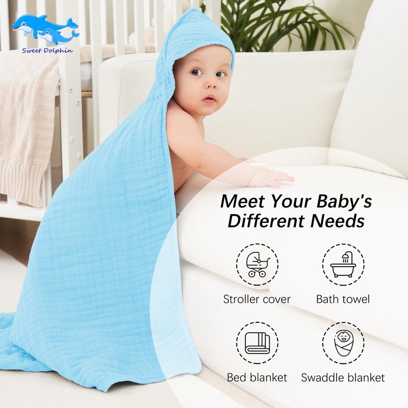 SWEET DOLPHIN منشفة استحمام للأطفال بغطاء رأس من موسلين دلفين حلو - عبوة من 2 منشفة قطنية 100% للأطفال، الرضع، الصغار - 32x32 بوصة - تمتص الماء بشكل عالي وضرورية للمواليد الجدد، زرقاء - Image 5