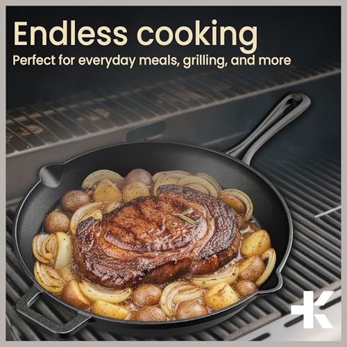 BAKKENMASTER Bakken Pre Seasoned Cast Iron Skillet with Glass Lid & Silicone Handle,12" Frying Pan for Stove, Oven, Grill & Induction, Even Heat Distribution, Versatile All-Purpose Cookware for Searing & Frying - Image 4