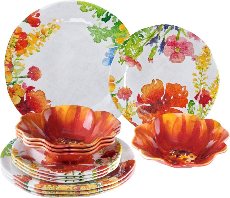 UP طقم أطباق مائدة ملون من UPware مكون من 12 قطعة مزخرف بالزهور للخارج - Image 1